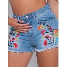 Embroidery Pocket Button Women's Shorts