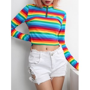 Rainbow Pattern  High Zipper V-Neck T-shirt