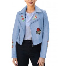 Floral Lapel Front Zipper PU jacket