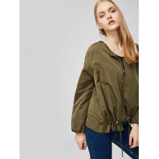 Army Green Zipper Round Neck Women's Jacket